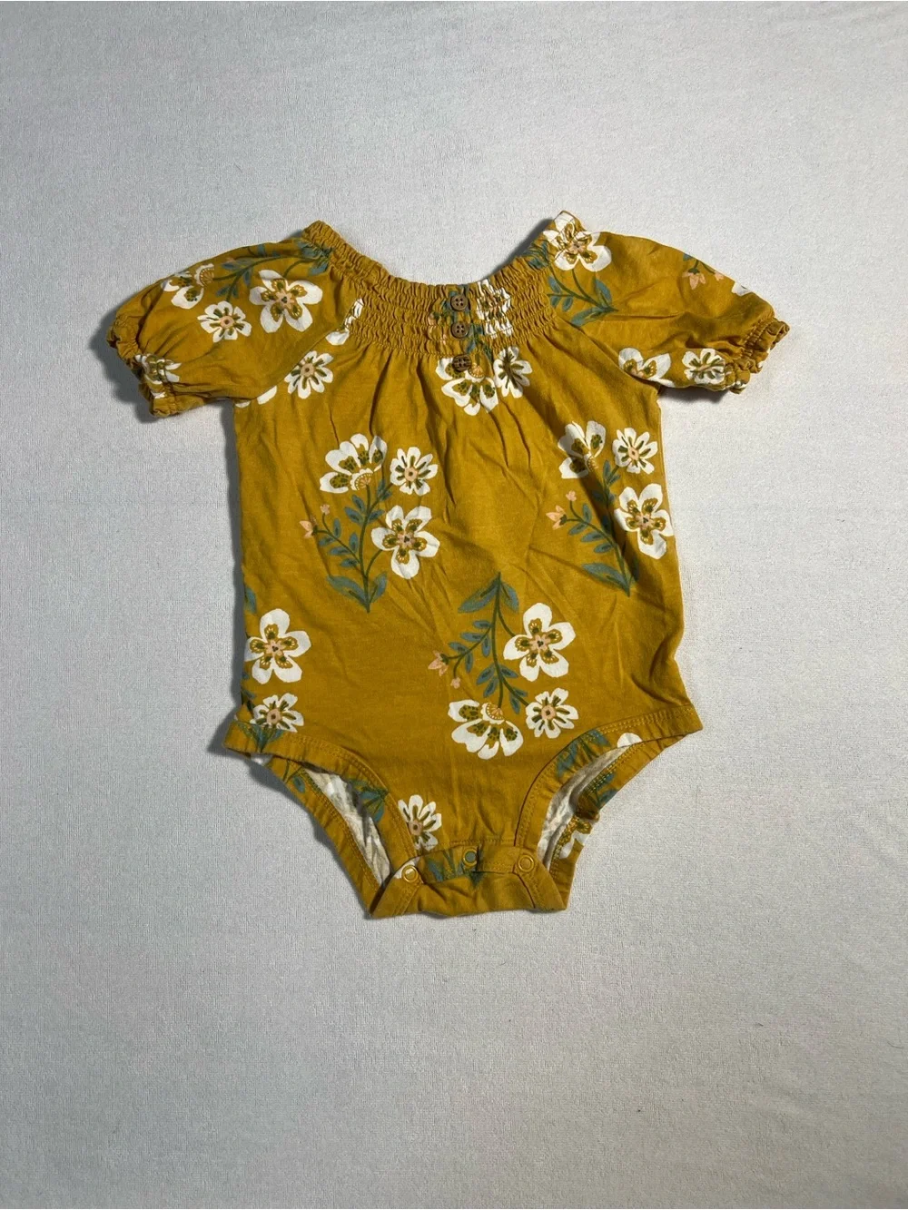 Carter’s Baby Girl Mustard Yellow Floral Smocked Puff Sleeve Bodysuit 18M